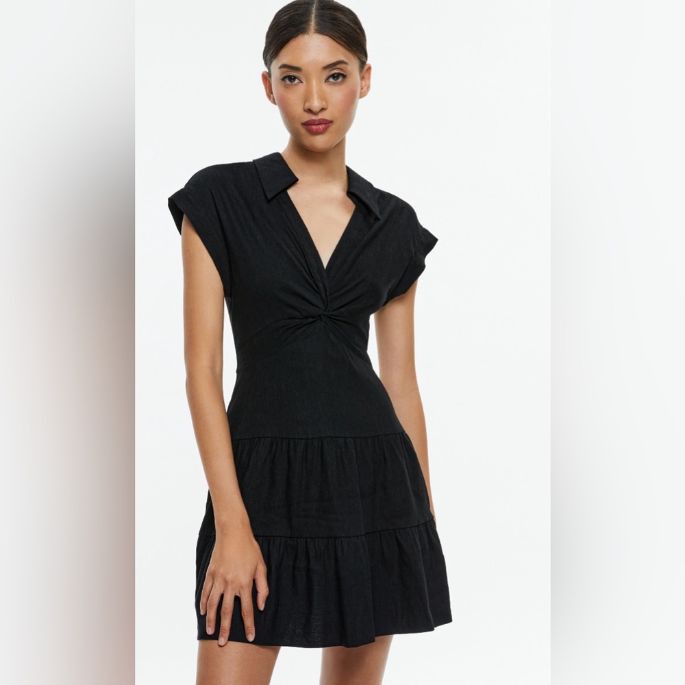 Alice + Olivia Sleeveless Mila Linen Twist Front Black Mini Dress ZB5